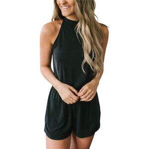 Women's Summer Halter Neck Jumpsuit – Elastic Waist, Solid Color with Pockets